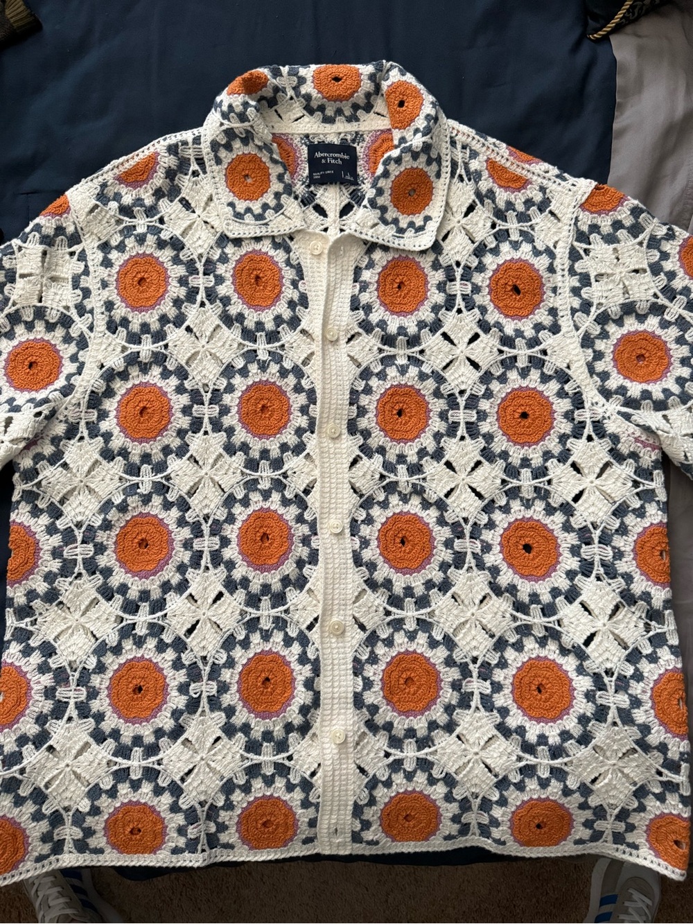 Abercrombie & Fitch Crocheted Button-Up Shirt in Cream, Orange & Navy - Picture 3 of 4